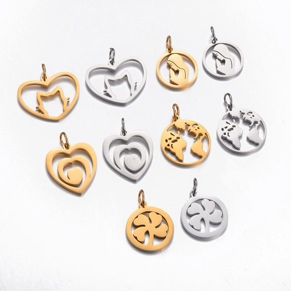Stainless Steel Cut Out Fourleaf Clover Heart Round Pendant Diy Accessories Electroplating