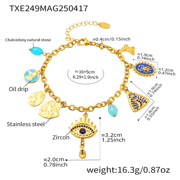 Stainless Steel Devil's Eye With Zircon And Natural Stone Multiaccessories Pendant Necklace And Bracelet Set For Women