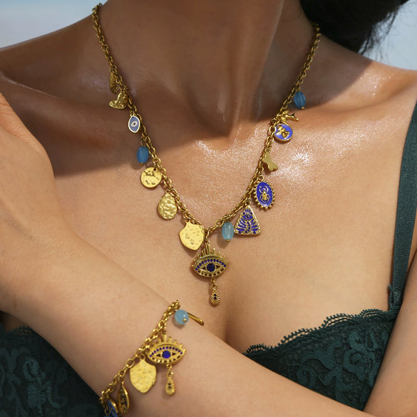 Stainless Steel Devil's Eye With Zircon And Natural Stone Multiaccessories Pendant Necklace And Bracelet Set For Women