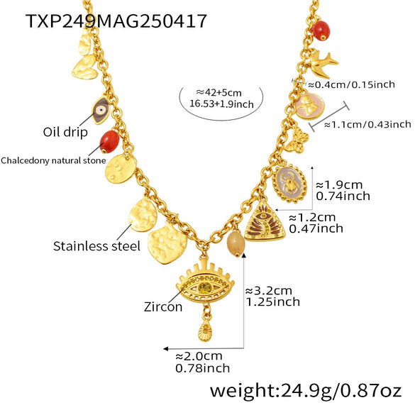 Stainless Steel Devil's Eye With Zircon And Natural Stone Multiaccessories Pendant Necklace And Bracelet Set For Women
