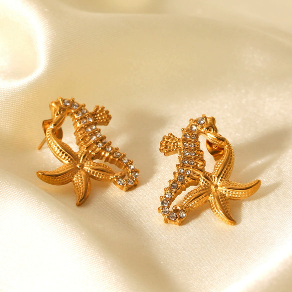 Stainless Steel Diamondencrusted Seahorse And Starfish Earrings Marine Style Animal And Geometric Pattern