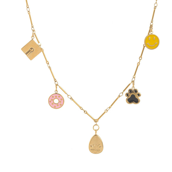 Stainless Steel Donut Smiley Face Geometric Pendant Necklace With Furnace Vacuum Plating 18K Gold Color