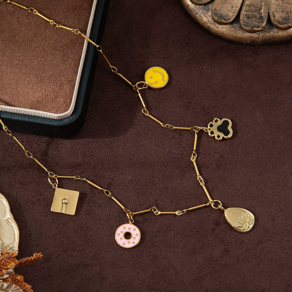 Stainless Steel Donut Smiley Face Geometric Pendant Necklace With Furnace Vacuum Plating 18K Gold Color