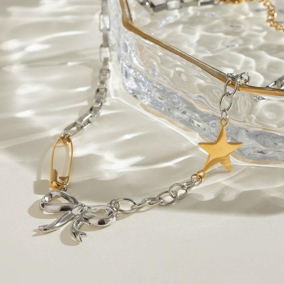 Stainless Steel Double Color Electroplated Bow Clavicle Necklace