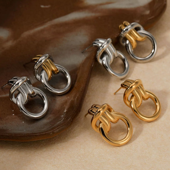 Stainless Steel Double Ring Buckle Geometric Earrings With Electroplating For Women Fashionable Light Luxury Casual Style Accessories