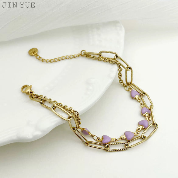 Stainless Steel Doublelayer Bracelet With Heart And Geometric Patterns Electroplated For Women Vintage Allmatch Style