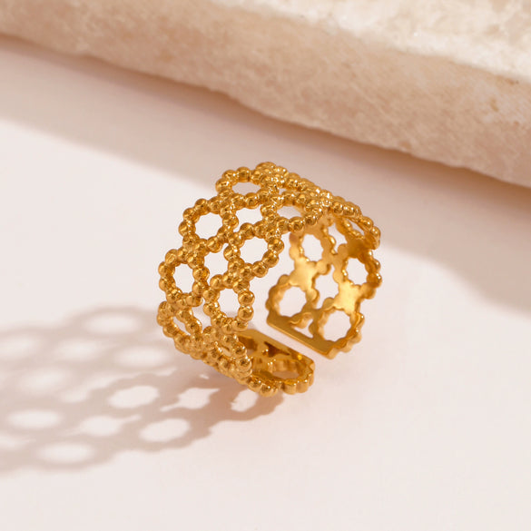 Stainless Steel Doublelayer Geometric Hollow Opening Adjustable Women French Retro Ring Electroplated