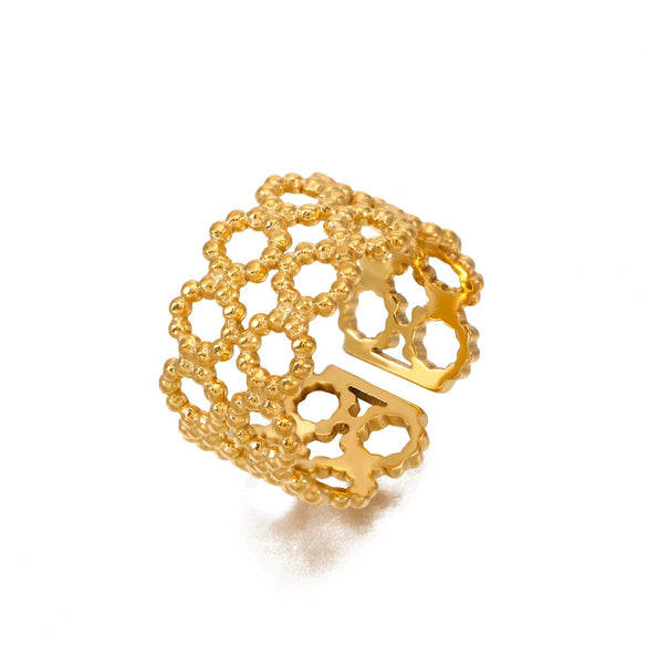 Stainless Steel Doublelayer Geometric Hollow Opening Adjustable Women French Retro Ring Electroplated
