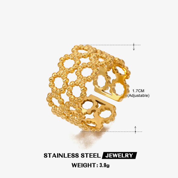 Stainless Steel Doublelayer Geometric Hollow Opening Adjustable Women French Retro Ring Electroplated
