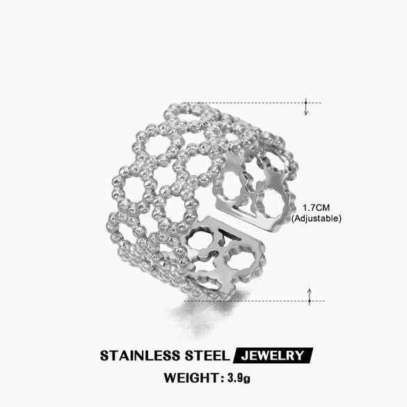 Stainless Steel Doublelayer Geometric Hollow Opening Adjustable Women French Retro Ring Electroplated