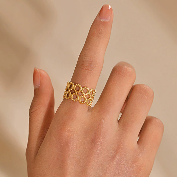 Stainless Steel Doublelayer Geometric Hollow Opening Adjustable Women French Retro Ring Electroplated