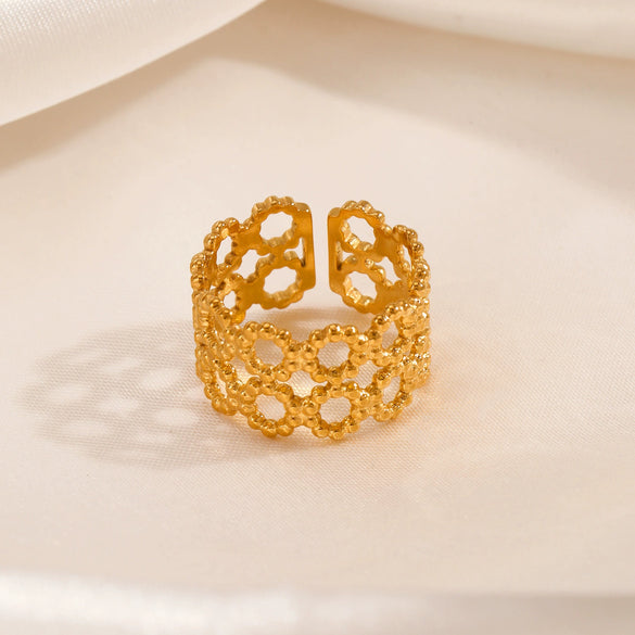 Stainless Steel Doublelayer Geometric Hollow Opening Adjustable Women French Retro Ring Electroplated