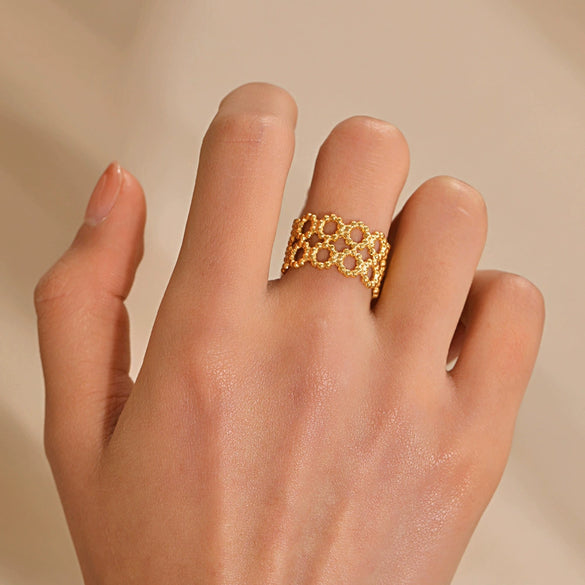 Stainless Steel Doublelayer Geometric Hollow Opening Adjustable Women French Retro Ring Electroplated