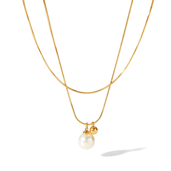 Stainless Steel Doublelayer Stacked Women's Necklace With Geometric Pearl Pendant And Snake Bone Chain Electroplated