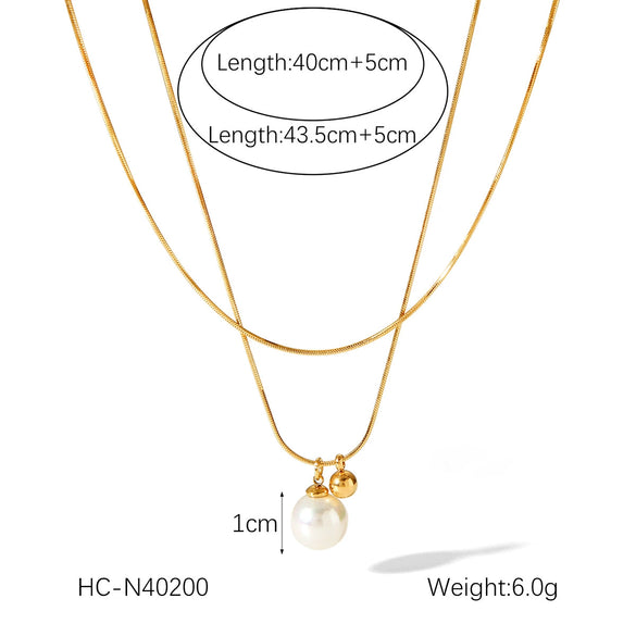 Stainless Steel Doublelayer Stacked Women's Necklace With Geometric Pearl Pendant And Snake Bone Chain Electroplated