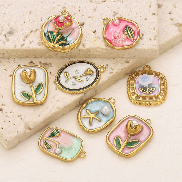 Stainless Steel Dripping Oil Round Square Flower Pendant Jewelry Accessories