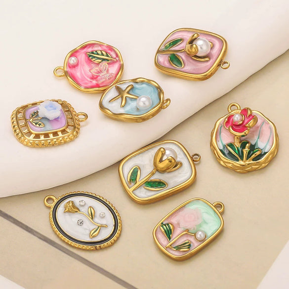 Stainless Steel Dripping Oil Round Square Flower Pendant Jewelry Accessories