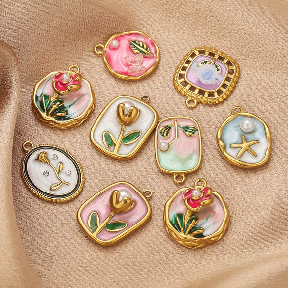 Stainless Steel Dripping Oil Round Square Flower Pendant Jewelry Accessories