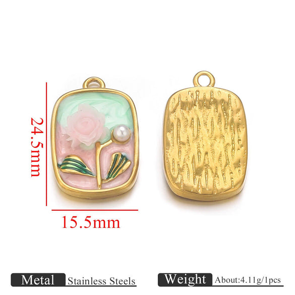 Stainless Steel Dripping Oil Round Square Flower Pendant Jewelry Accessories