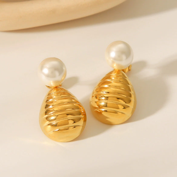 Stainless Steel Drop Shape Geometric Electroplated Women's Pearl Earrings