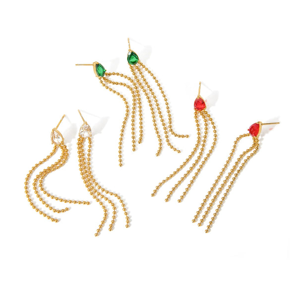Stainless Steel Drop Shaped Geometric Crystal Zirconium Tassel Earrings For Women With Electroplating