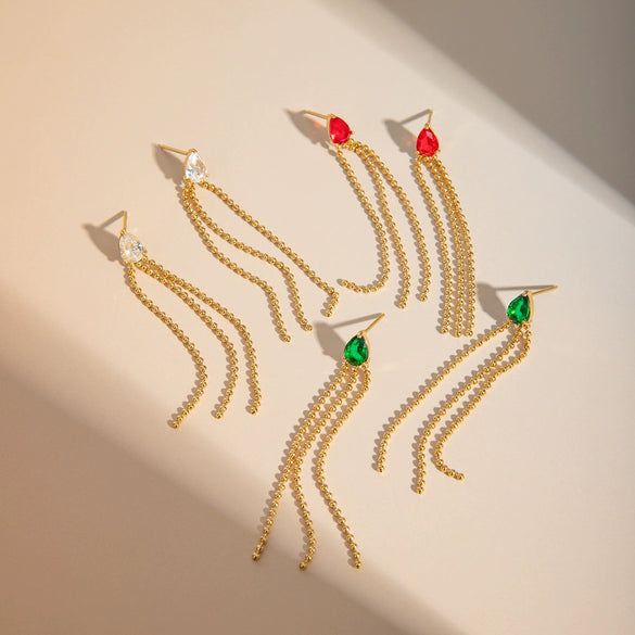 Stainless Steel Drop Shaped Geometric Crystal Zirconium Tassel Earrings For Women With Electroplating