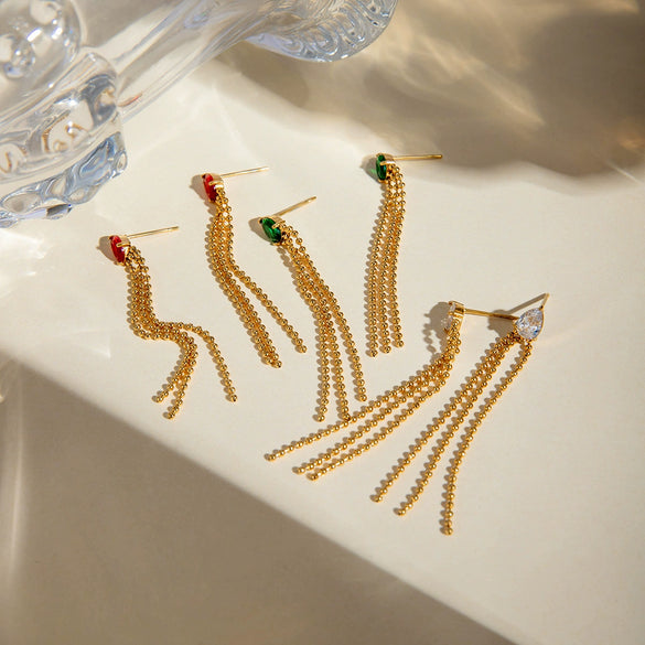 Stainless Steel Drop Shaped Geometric Crystal Zirconium Tassel Earrings For Women With Electroplating