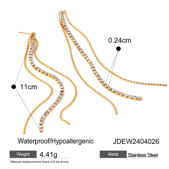 Stainless Steel Drop Shaped Geometric Crystal Zirconium Tassel Earrings For Women With Electroplating