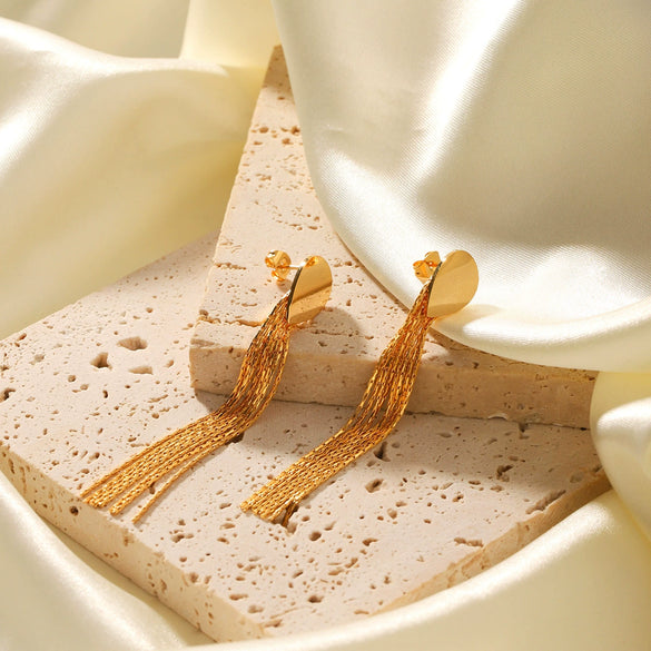 Stainless Steel Dropshaped Geometric Earrings With Electroplating Long Chain Tassel Fashionable And Highend Women's