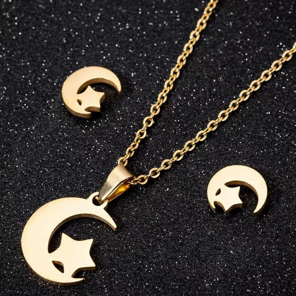 Stainless Steel Earrings And Necklace Suit With Love Water Drops And Bell Patterns Five Pointed Star Shape Electroplated Simple Style