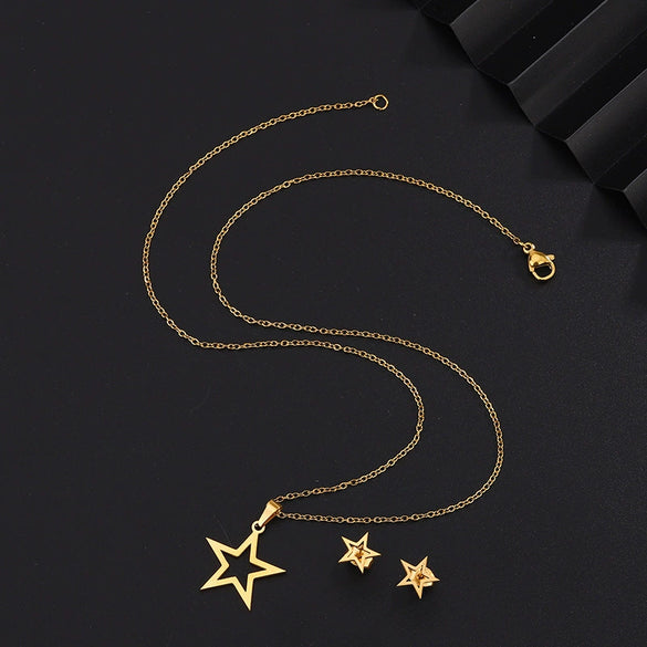 Stainless Steel Earrings And Necklace Suit With Love Water Drops And Bell Patterns Five Pointed Star Shape Electroplated Simple Style