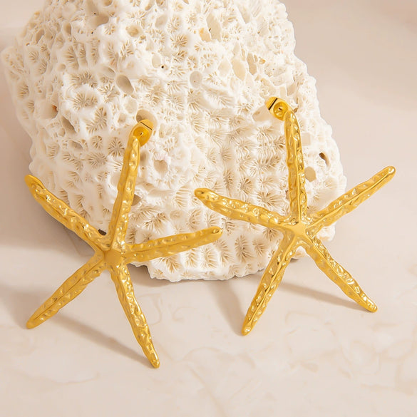 Stainless Steel Earrings Hammered Starfish Style Electroplated For Women