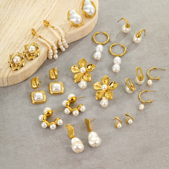 Stainless Steel Earrings Imitation Pearl Baroque Geometric Flower Electroplating Design Women's