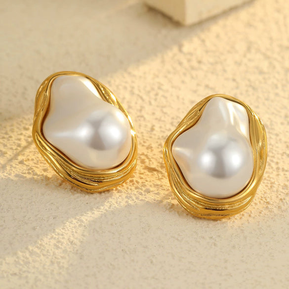 Stainless Steel Earrings Imitation Pearl Baroque Geometric Flower Electroplating Design Women's