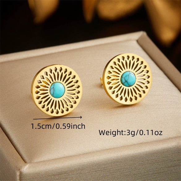 Stainless Steel Earrings Necklace Set With Cut Out Pattern Inlaid Turquoise Retro Style Electroplating