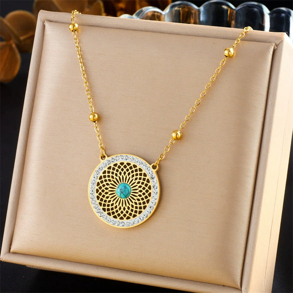 Stainless Steel Earrings Necklace Set With Cut Out Pattern Inlaid Turquoise Retro Style Electroplating
