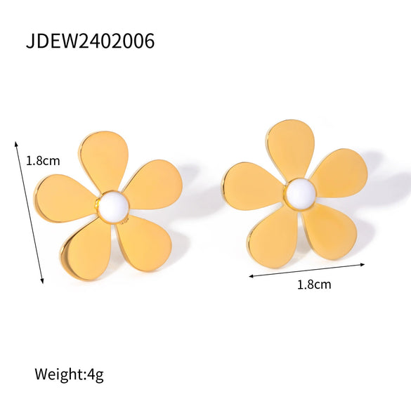 Stainless Steel Eight Petal Flower Small Daisy White Oil Drop Earrings Jewelry