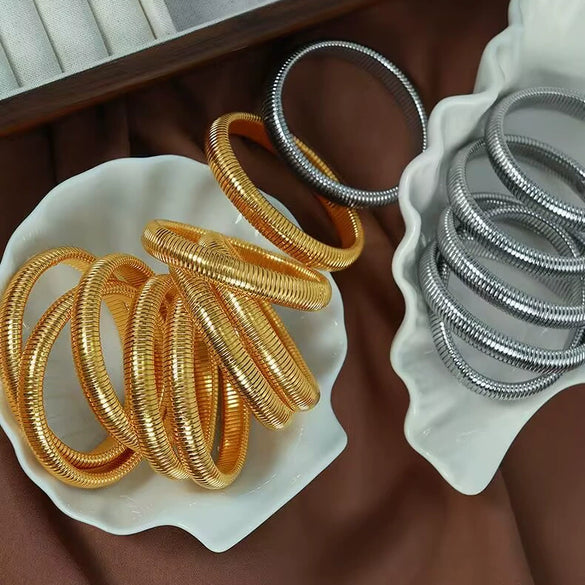 Stainless Steel Elastic Ring Bracelet Titanium Steel Plated 18K Gold Striped Electroplated Minimalist Bracelet