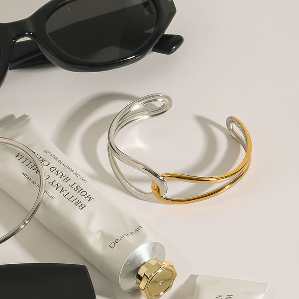 Stainless Steel Electroplated Geometric Minimalist Lines Winding Knotted Hollow Open Bracelet