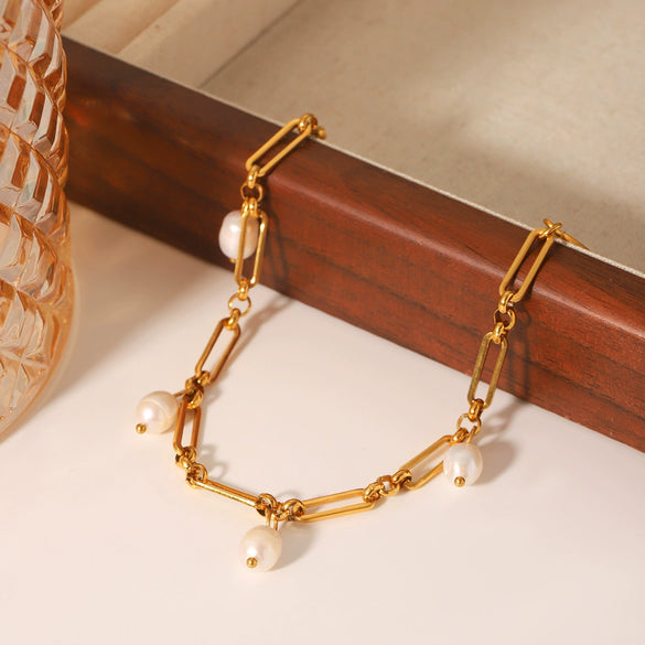 Stainless Steel Electroplated Geometric Style Women's Bracelet With Freshwater Pearl