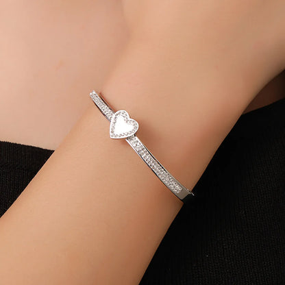 Stainless Steel Elegant Simple Style Heart Shape Plating Inlay Rhinestones Bangle