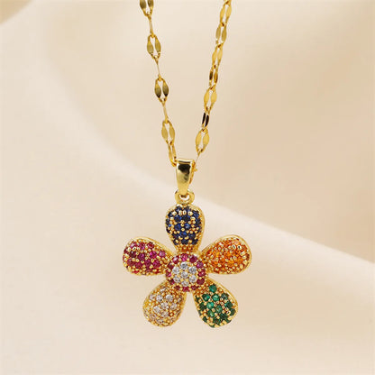 Wholesale Jewelry Elegant Simple Style Flower 201 Stainless Steel Copper Zircon 18K Gold Plated Plating Inlay Pendant Necklace