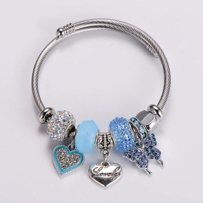 Stainless Steel Elegant Sweet Heart Shape Butterfly Inlay Rhinestones Wristband