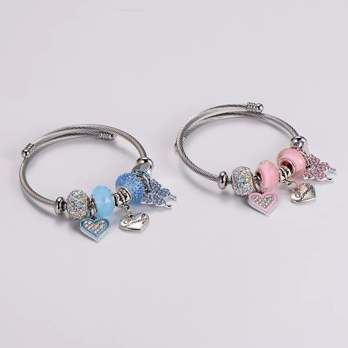 Stainless Steel Elegant Sweet Heart Shape Butterfly Inlay Rhinestones Wristband