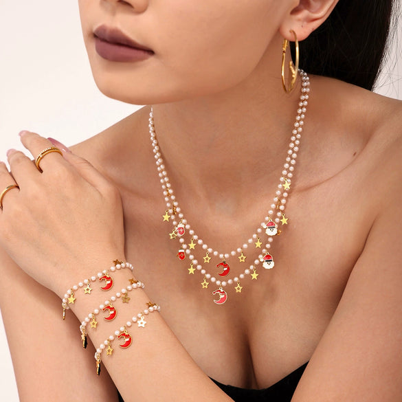 Stainless Steel Enamel Christmas Pendant Bead Necklace And Bracelet Set For Women Cute Cartoon Electroplated Jewelry