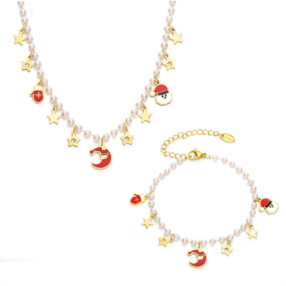 Stainless Steel Enamel Christmas Pendant Bead Necklace And Bracelet Set For Women Cute Cartoon Electroplated Jewelry