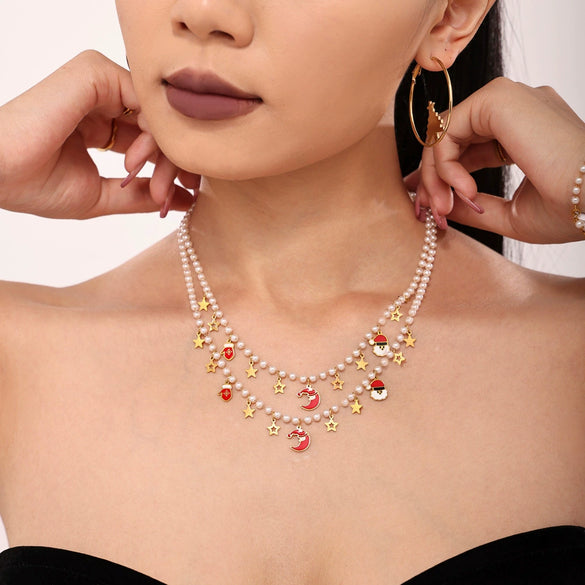 Stainless Steel Enamel Christmas Pendant Bead Necklace And Bracelet Set For Women Cute Cartoon Electroplated Jewelry