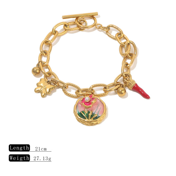 Stainless Steel Enamel Flower Butterfly Pepper Pendant Bracelet With Gold Chain And Ot Buckle Electroplated Jewelry