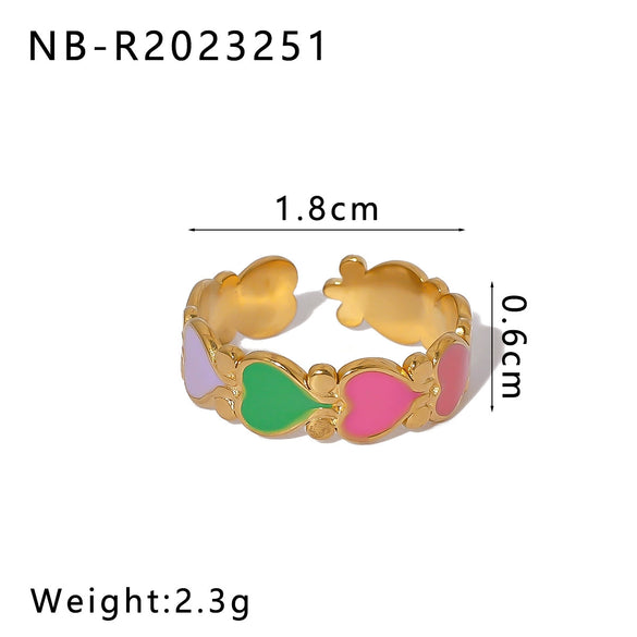 Stainless Steel Enamel Oil Drop Color Heart Shaped Geometric Bohemian Style Adjustable Open Ring For Women 18K Furnace Vacuum Plated