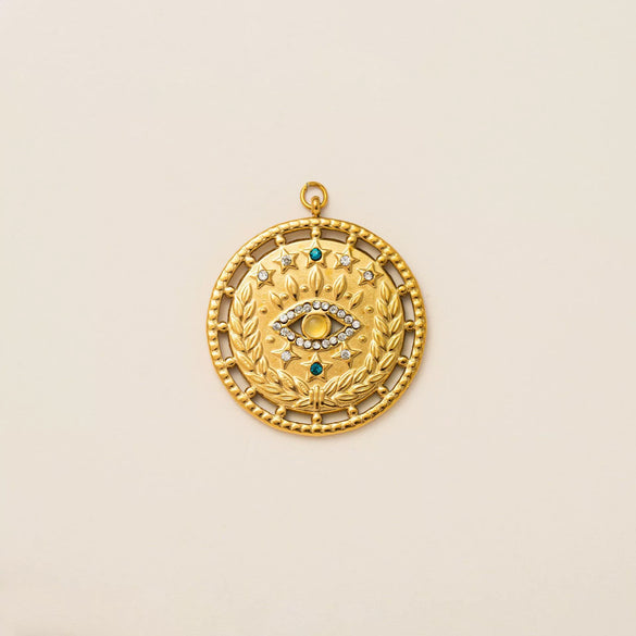 Stainless Steel Evil Eye Pendant With Star And Drop Shape Pattern Vacuum Plated 18K Gold Color